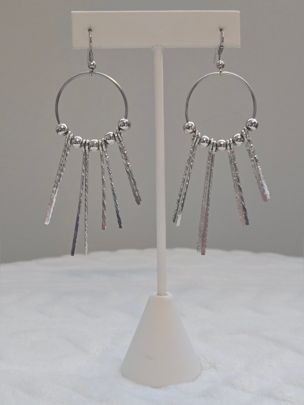 Silver Tone Hoop Dreamcatcher Dangle Fringe Earrings